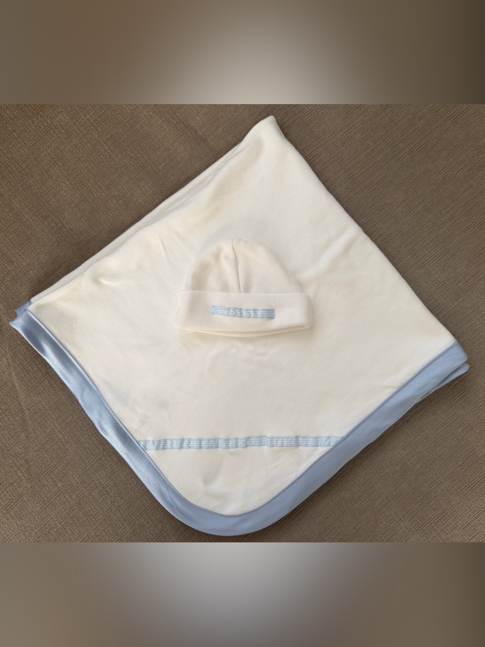 Classic Baby Cotton Blanket and Hat Set - White with Light Blue Satin Trim